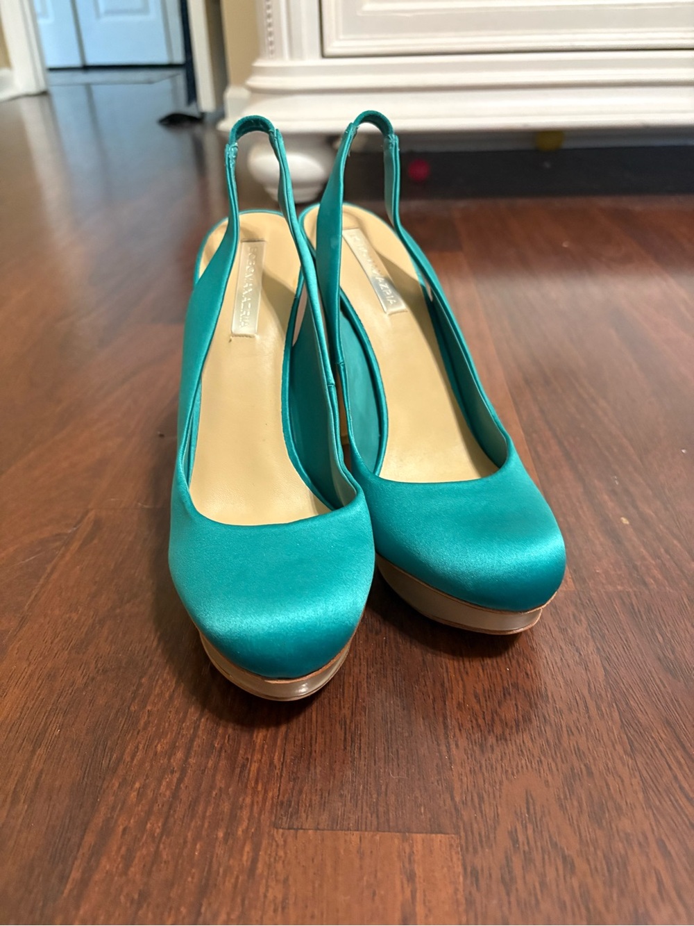 BCBGMaxAzria Teal Satin Slingback Platform Heels